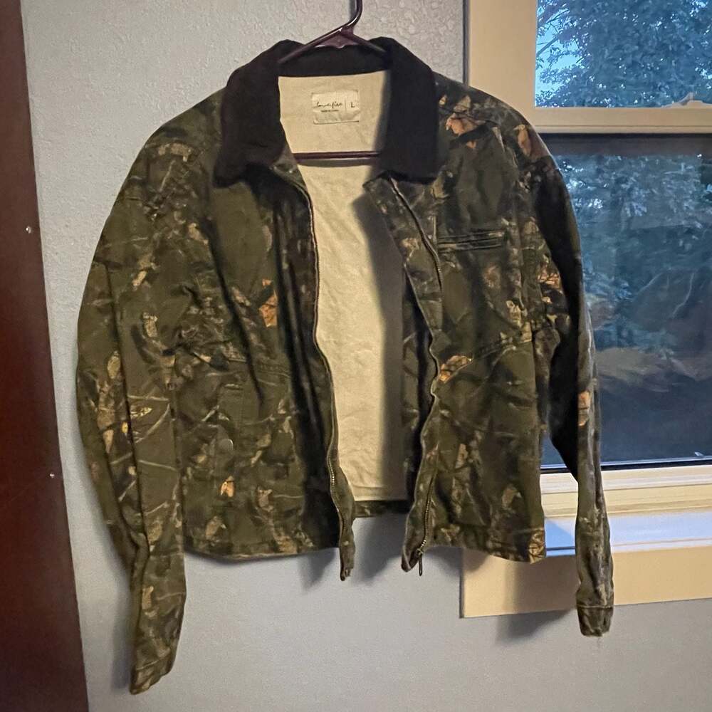 love, fire Mossy Oak Camo Canvas Work Jacket with Brown Corduroy Collar Size L